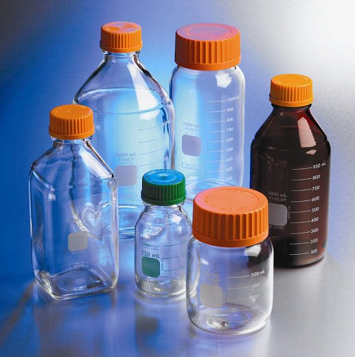 Бутыль 50 мл, БС Pyrex до 500 °С, d горла внешний 45 мм, с завинчивающейся крышкой, круглая, темное стекло, 4 шт/уп