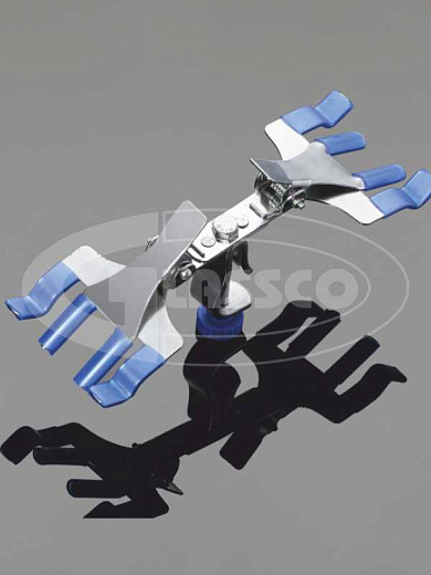 Зажим штативный для бюреток, 4 лапки, с муфтой, двойной, хромированная сталь/ПВХ, 6 шт./уп., Glassco