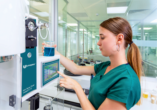 Сушилка распылительная, от 5 до 25 мкм, 1500 мл/ч, для органических растворов, инертный контур, B15-B60, в работе, Unopex, Турция