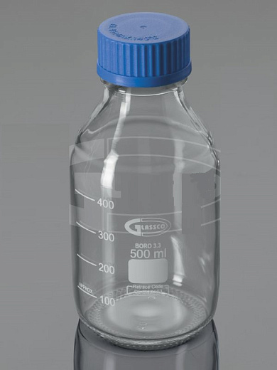 Бутыль 500 мл, БС до 500 °С, GL45, с завинчивающейся ПП крышкой, круглая, светлое стекло, Glassco