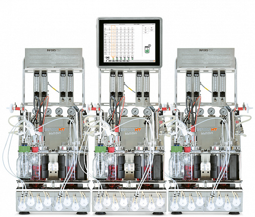 Биореактор бактериальный, стеклянные сосуды 0,4 л, 0,75 л или 1,4 л (на выбор), два сосуда для параллельного культивирования, контроль 24 параметров, Multifors 2, Infors