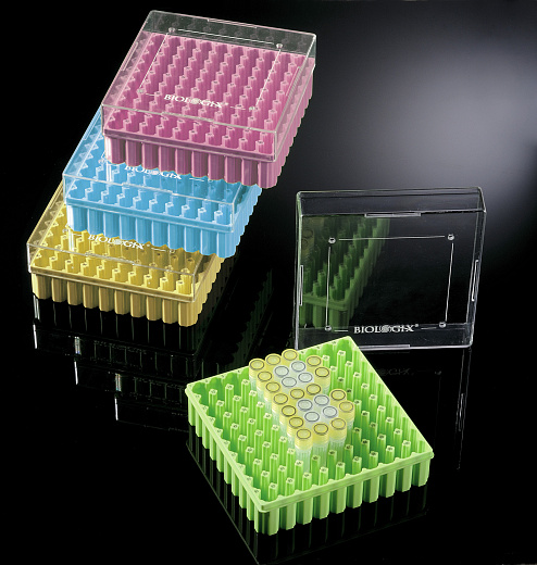 Штатив для хранения криопробирок 1-2 мл, 100 мест, поликарбонат, с крышкой, набор разных цветов, 20 шт./уп.