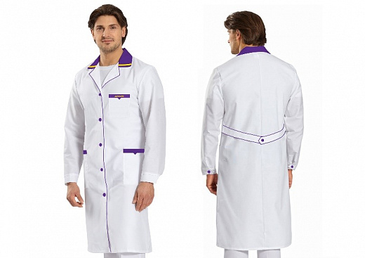 Халат лабораторный мужской, хлопок/полиэстер, белый с отделкой, с манжетом, премиум, 1 шт.