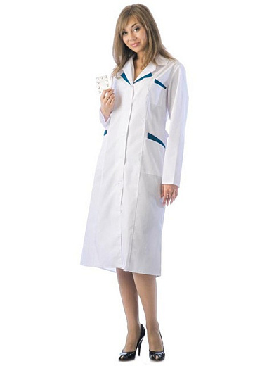 Халат лабораторный женский, хлопок/полиэстер, воротник с отделкой в виде канта, белый, 1 шт., Россия