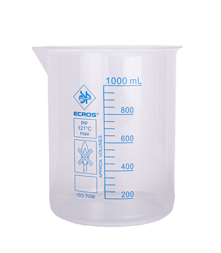 Стакан 1000 мл, ПП, с носиком, с градуировкой, низкий, 123/108х145 мм, 1 шт./уп.