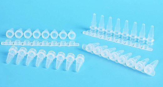 Пробирки для ПЦР в стрипах, 0,2 мл, 1х8, с плоскими крышками, бесцветные, полипропилен, 125 шт/уп., Китай