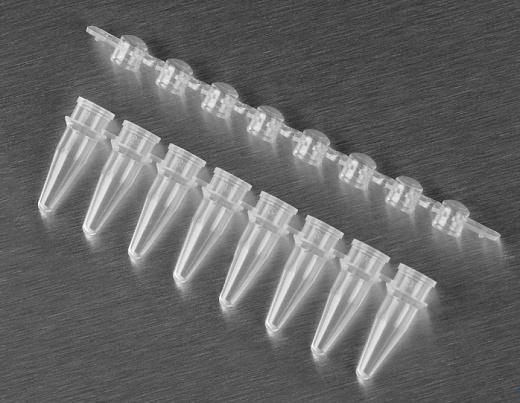 Пробирки для ПЦР в стрипах, 0,2 мл, 1×8, выпуклая крышка, бесцветные, 125 шт./уп., 1250 шт./кор.