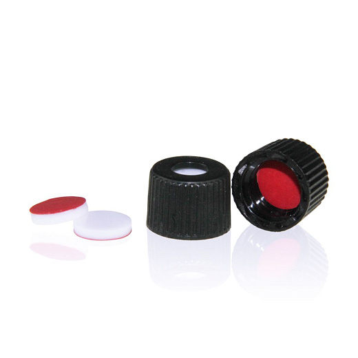 Крышки для виал 13-425 с отверстием, ПП, черная, с септой White PTFE / Red Silicone, , толщина 1 мм, 100 шт./уп.